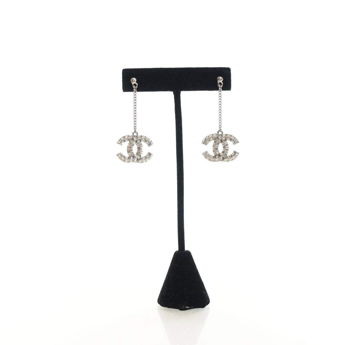 Pre-Owned Chanel Crystal CC Chain Drop Earrings, silver hardware close-up, authenticated at Luxe Du Jour