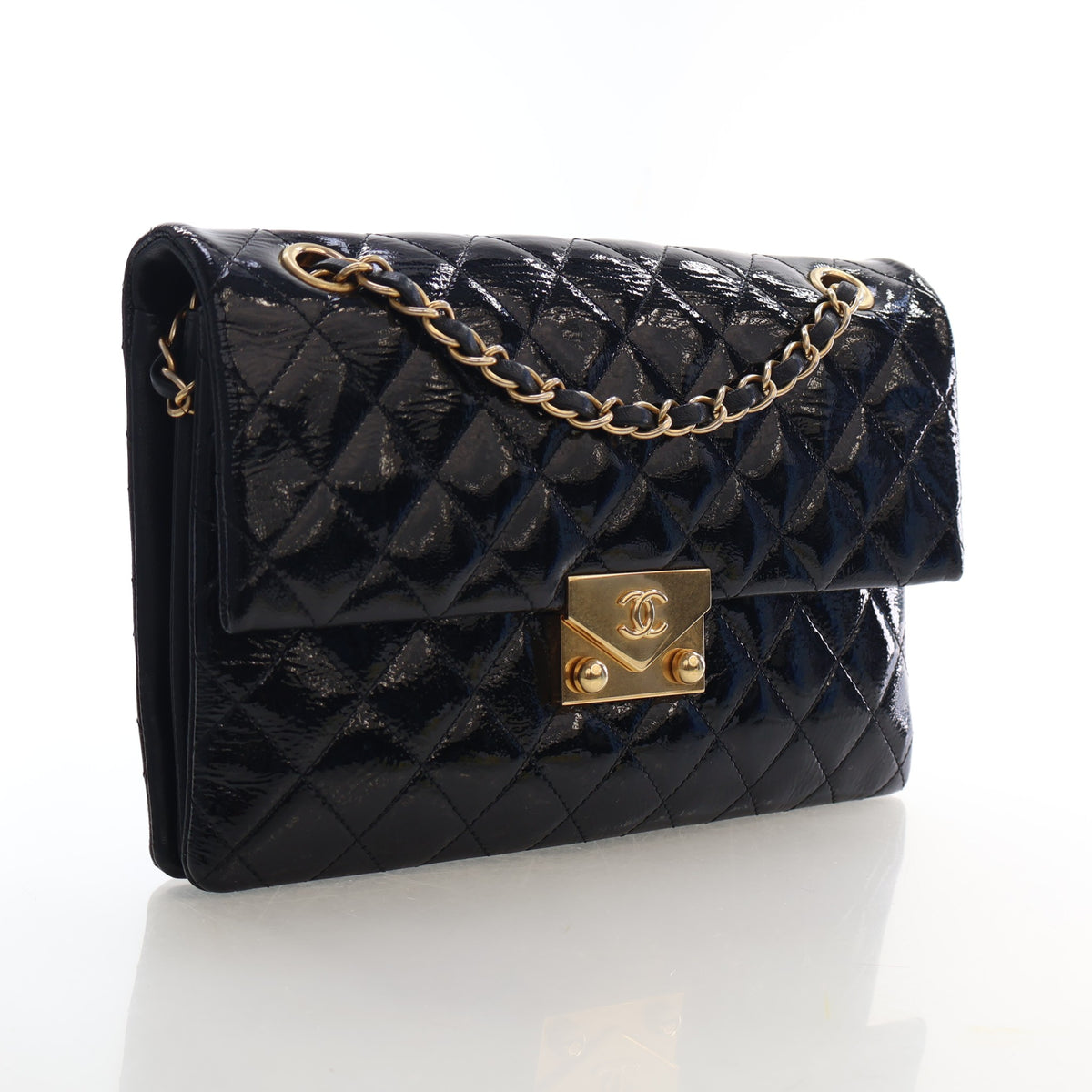 Pre-Owned Chanel Flap Bag Medium Patent Leather Accordion Single, three-quarter view, authenticated at Luxe Du Jour