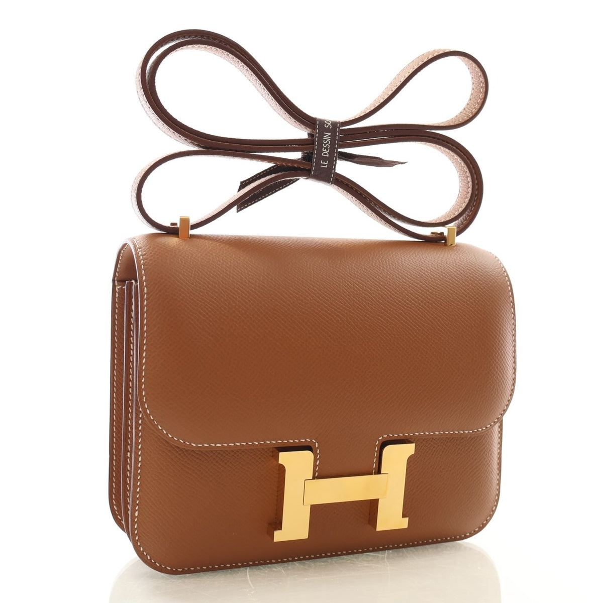 Pre-Owned Hermès Constance 18 Gold Epsom Leather, three-quarter view, authenticated at Luxe Du Jour