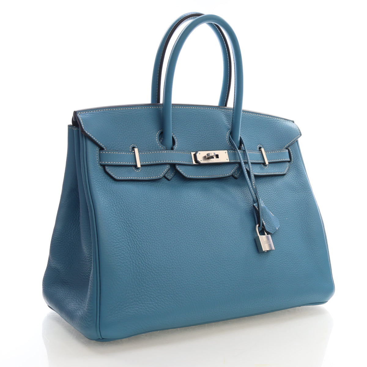 Pre-Owned Hermès Birkin 35 Blue Jean Togo Leather, three-quarter view