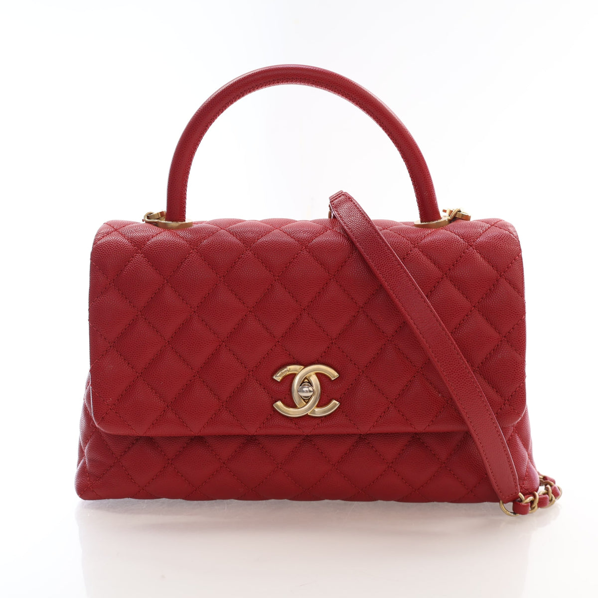 Pre-Owned Chanel Top Handle Medium Caviar Leather Flap Bag, front view, authenticated at Luxe Du Jour