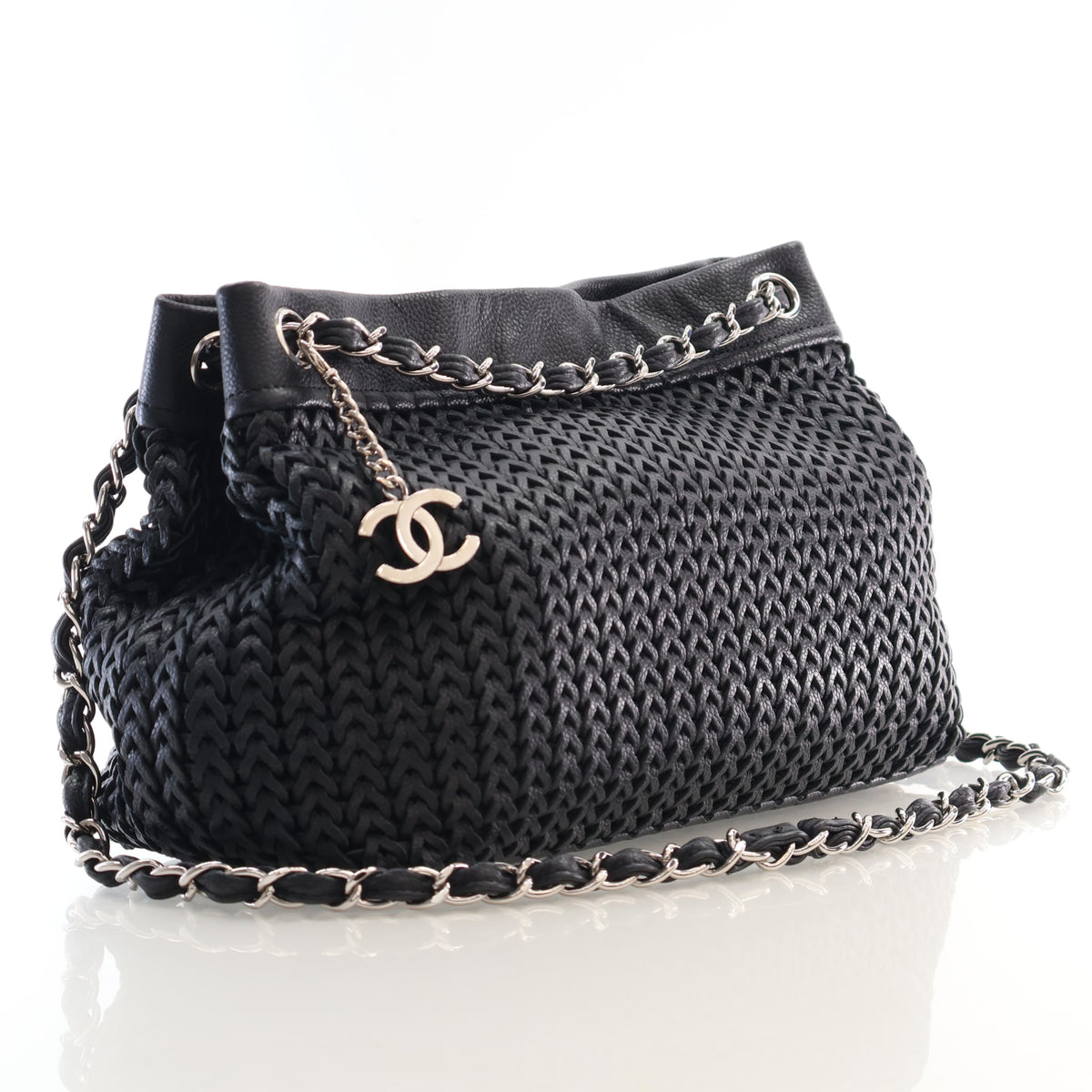 Pre-Owned Chanel Tote Woven Caviar Leather CC Charm, three-quarter view, authenticated at Luxe Du Jour