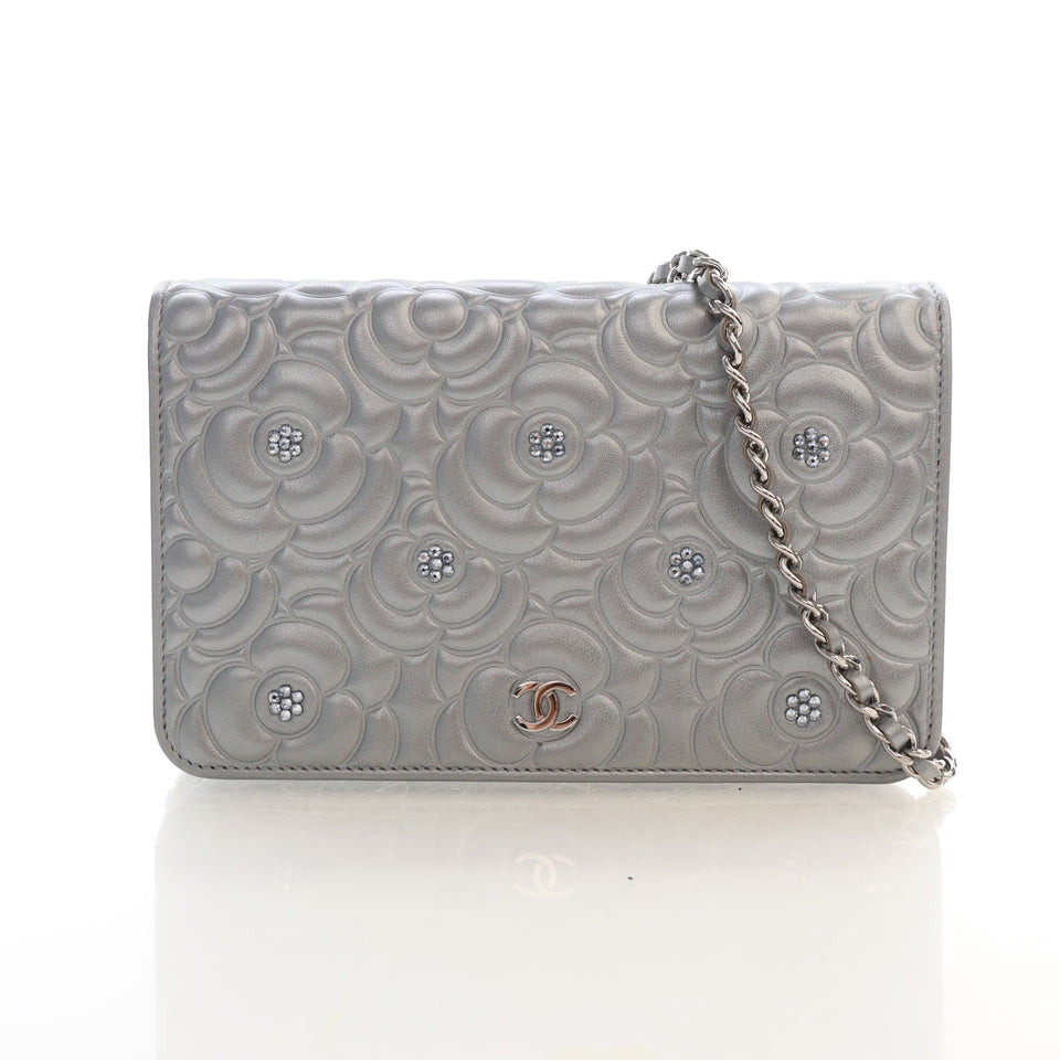 Chanel Studded Embossed Lambskin Camellia Wallet On Chain (WOC)
