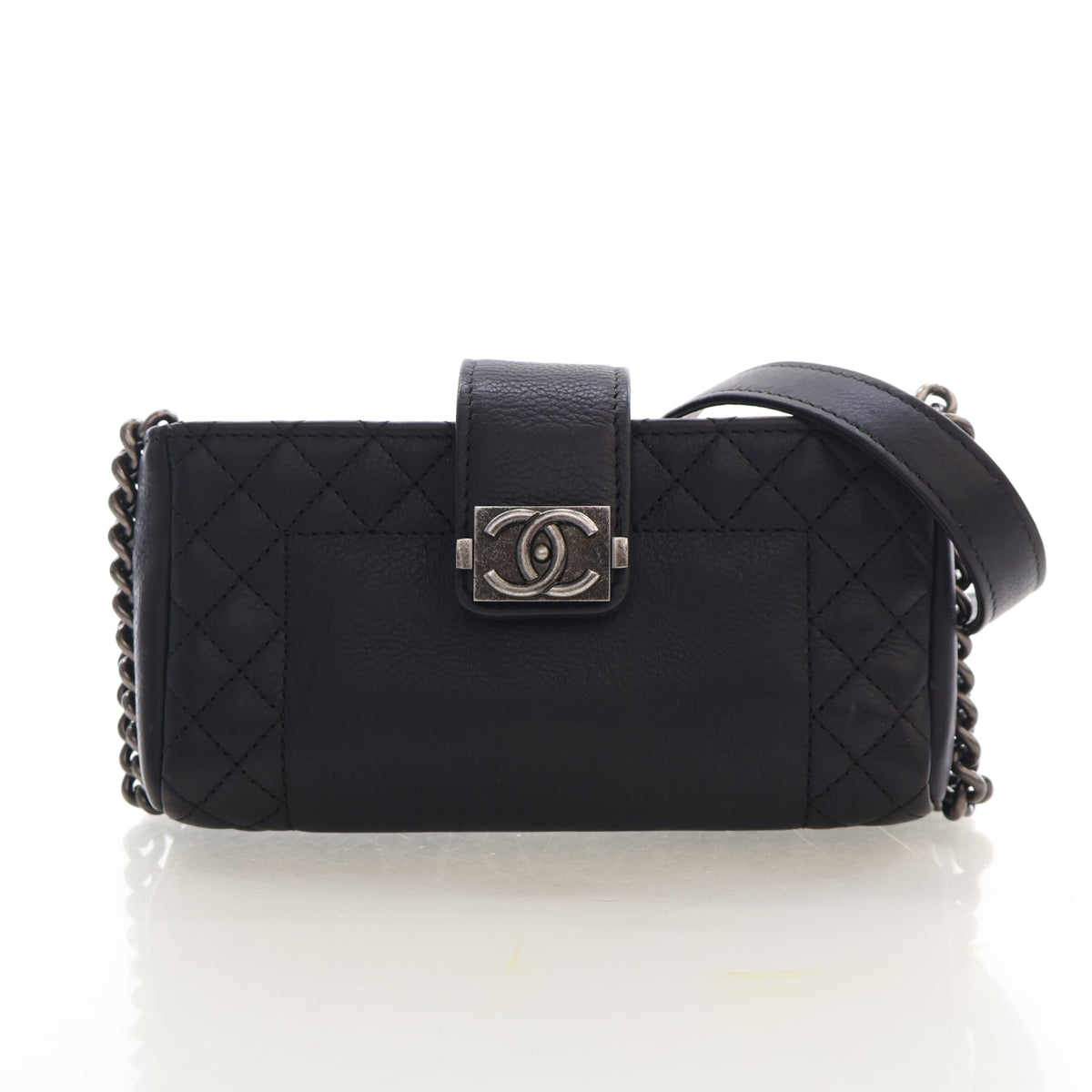 Pre-Owned Chanel Pochette Mini Calfskin Boy Reverso, front view, authenticated at Luxe Du Jour
