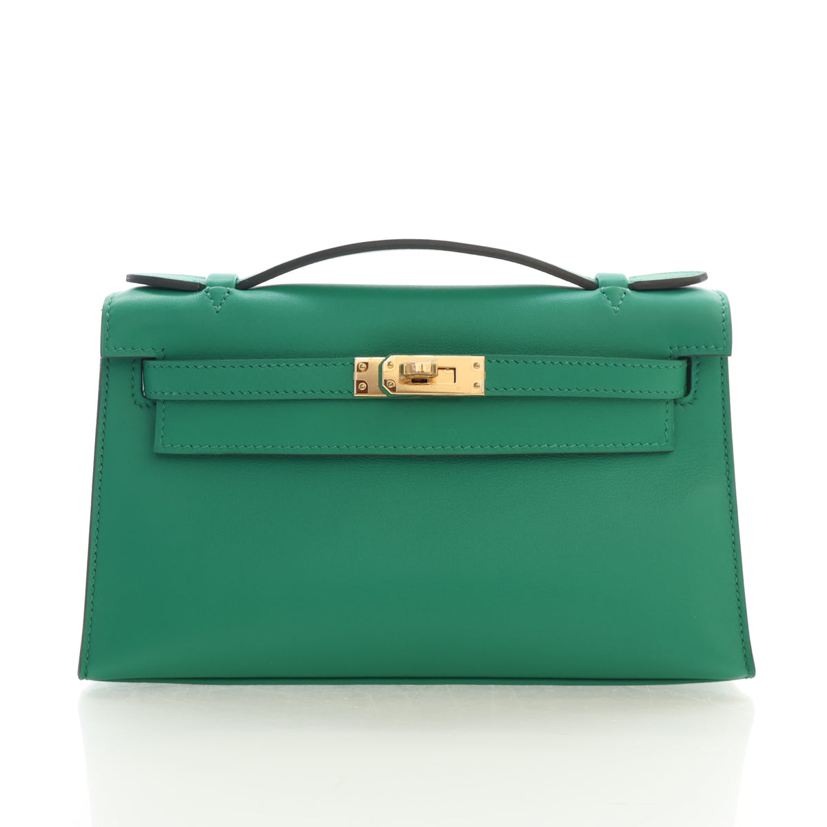 Pre-Owned Hermès Kelly Vert Vertigo Swift Leather Pochette, front view, authenticated at Luxe Du Jour