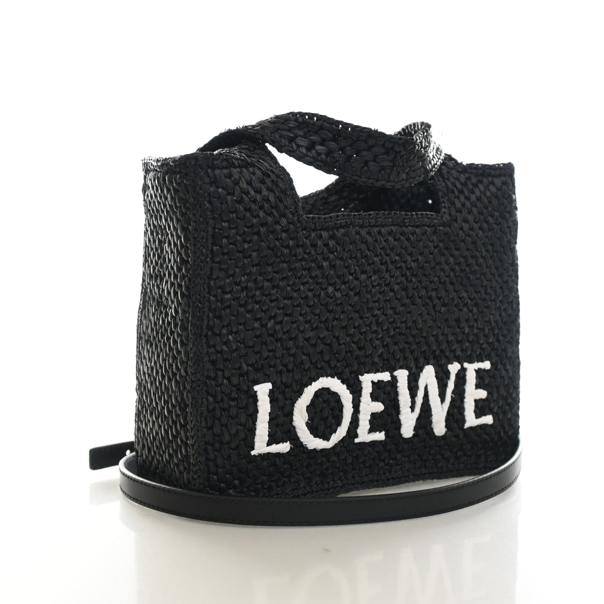 Pre-Owned Loewe Tote Mini X Paula's Ibiza Raffia Font, three-quarter view, authenticated at Luxe Du Jour