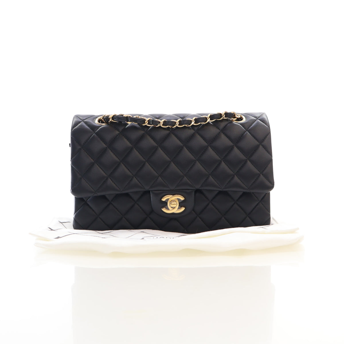 Pre-Owned Chanel Classic Double Flap Medium Lambskin Bag, shown with dust bag and packaging, photo 19 of 20
