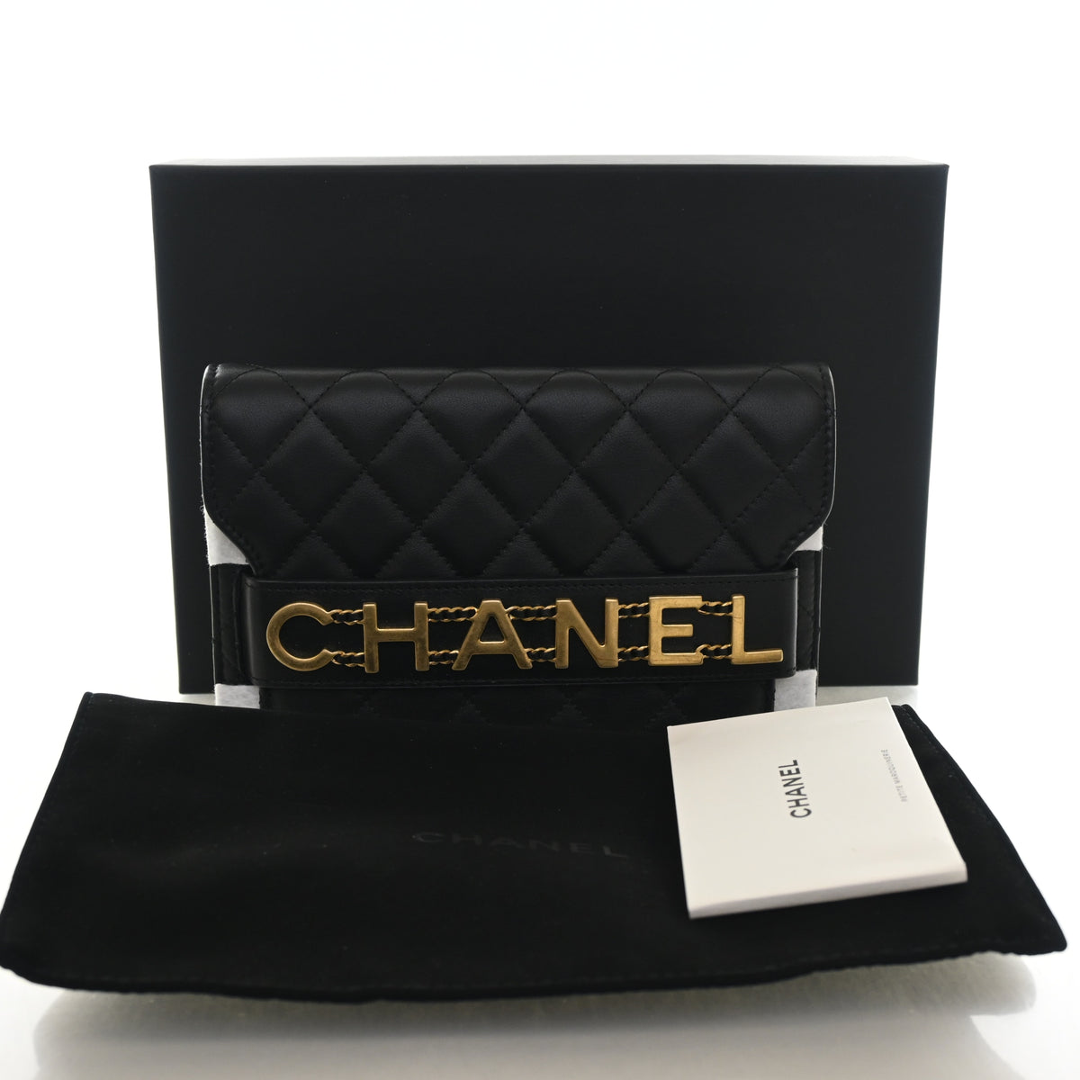Pre-Owned Chanel Wallet On Chain Small Calfskin Enchained WOC, shown with dust bag and packaging