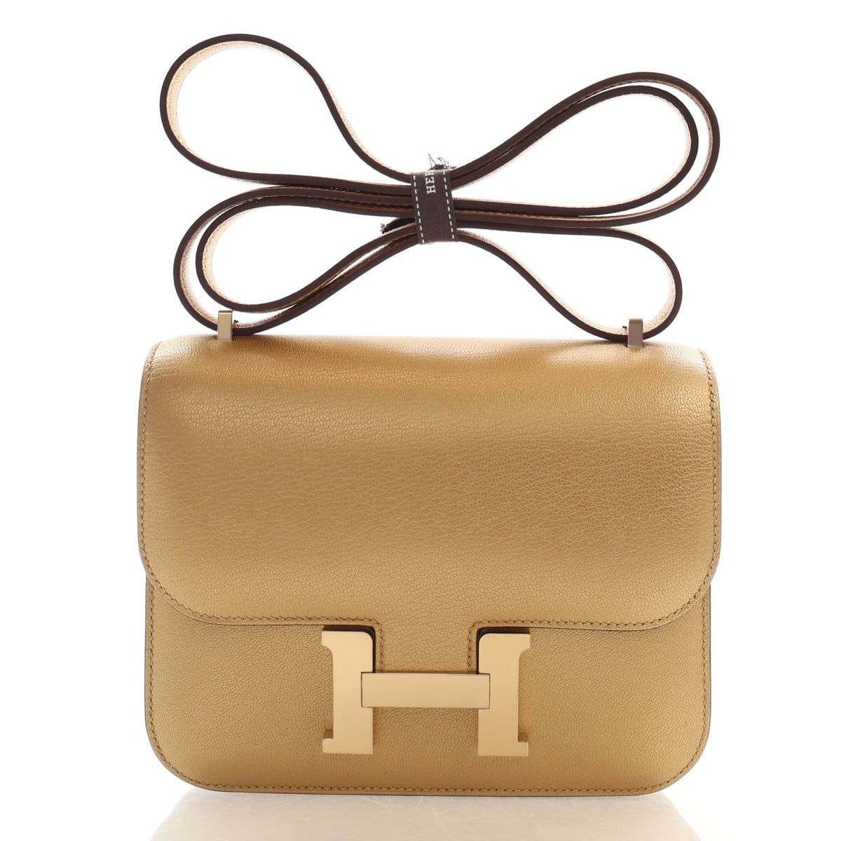 Pre-Owned Hermès Constance 18 Dore Chevre Leather Chamkilight, front view, authenticated at Luxe Du Jour