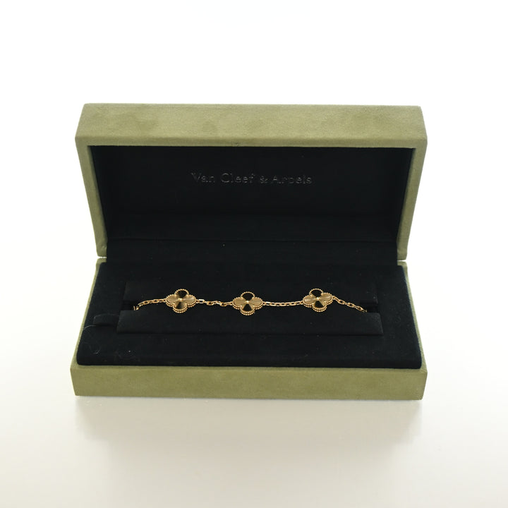 Van Cleef & Arpels 18K Yellow Gold Guilloche 5 Motif Vintage Alhambra Bracelet