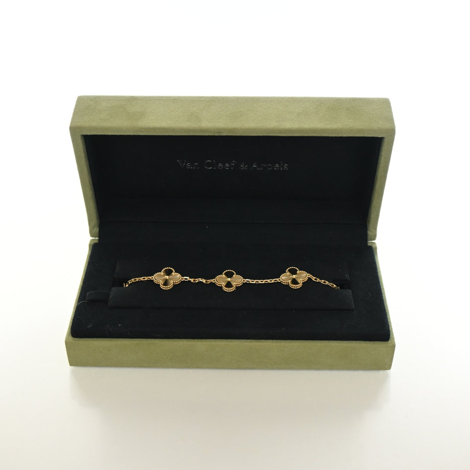 Van Cleef & Arpels 18K Yellow Gold Guilloche 5 Motif Vintage Alhambra Bracelet
