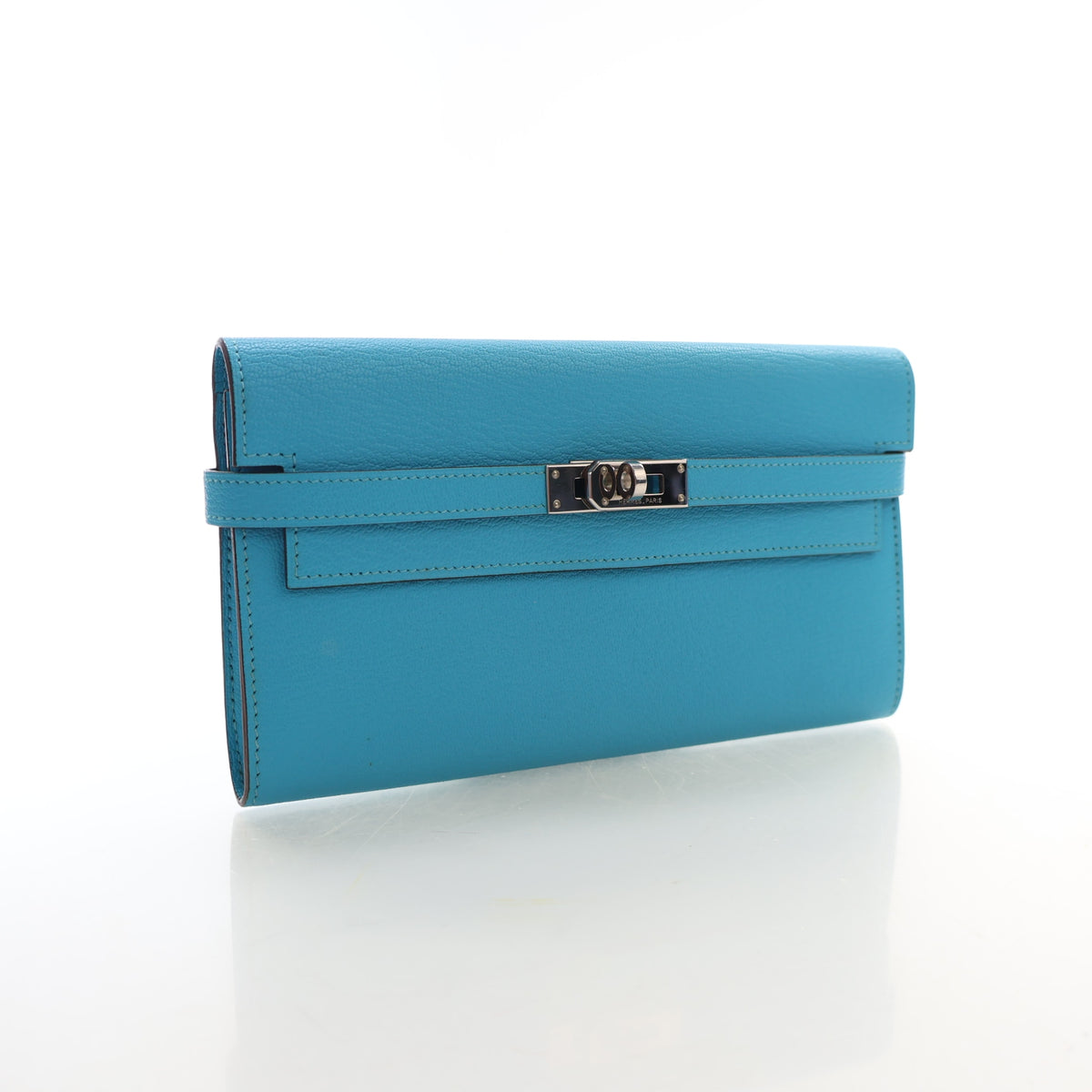 Pre-Owned Hermès Kelly Bleu Azteque Chevre Mysore Leather Classic Lounge Wallet, three-quarter view