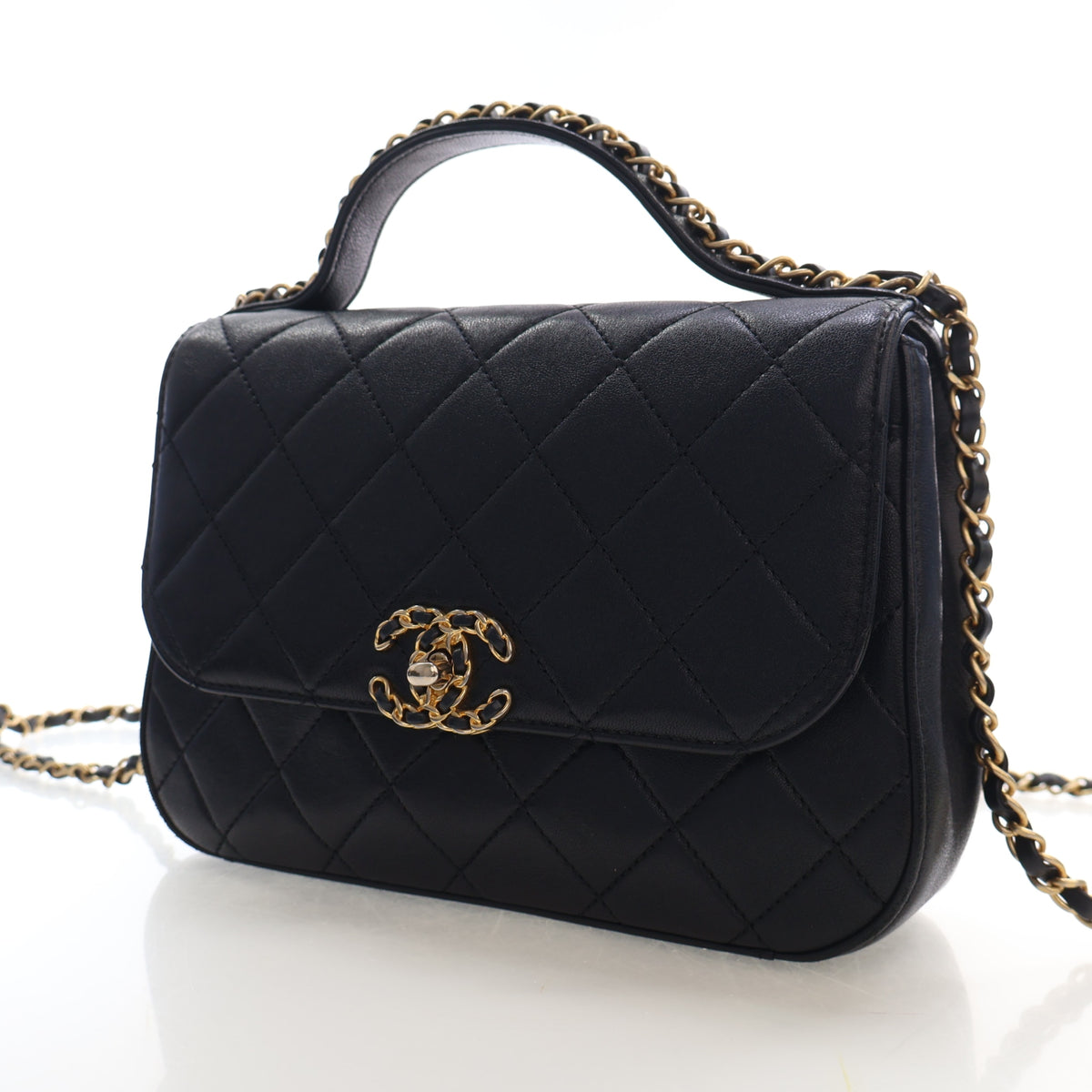Pre-Owned Chanel Top Handle Medium Calfskin Quilted Chain Infinity Flap, three-quarter view