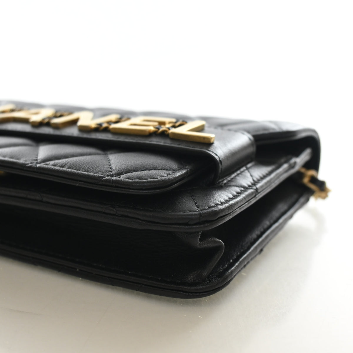 Pre-Owned Chanel Wallet On Chain Small Calfskin Enchained WOC, side profile, photo 7 of 13