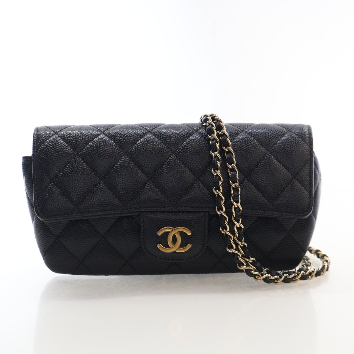 Pre-Owned Chanel Sunglasses Caviar Leather Case With Chain, front view, authenticated at Luxe Du Jour