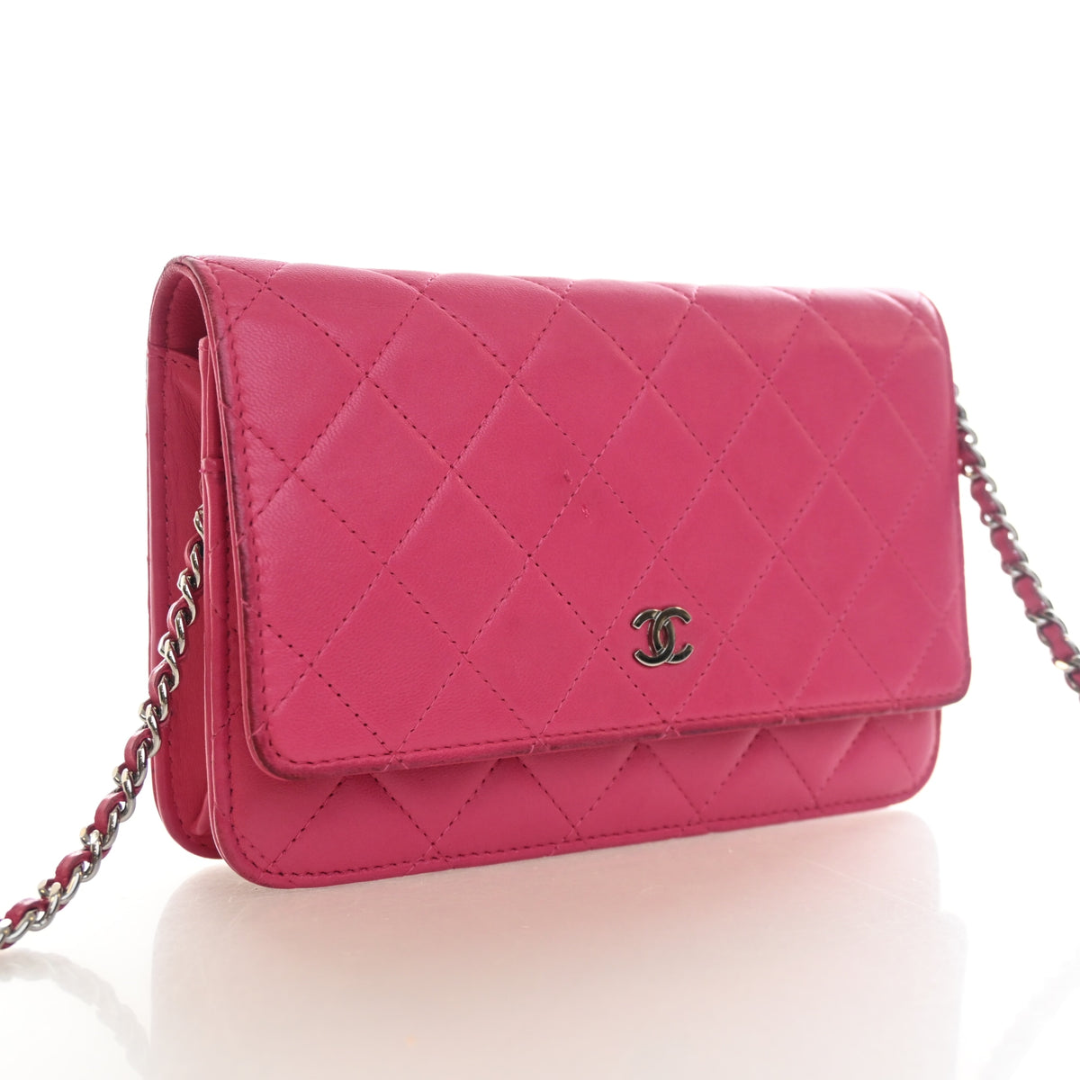 Pre-Owned Chanel Wallet On Chain Lambskin Classic WOC, three-quarter view, authenticated at Luxe Du Jour