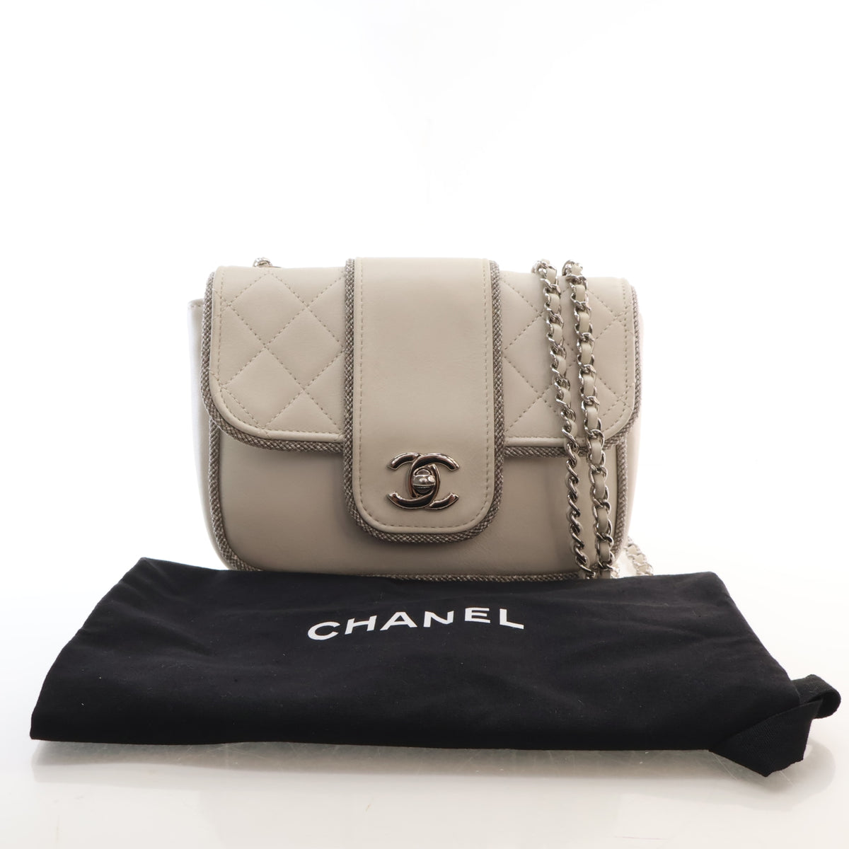 Pre-Owned Chanel Flap Bag Lambskin Square With Chain, shown with dust bag and packaging
