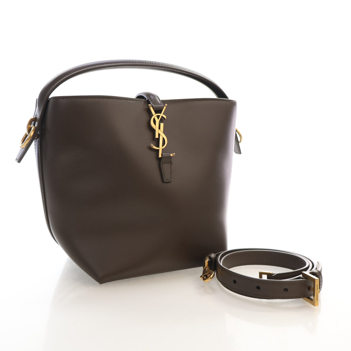 Pre-Owned Saint Laurent Bucket Bag Small Calfskin Le 37, three-quarter view, authenticated at Luxe Du Jour