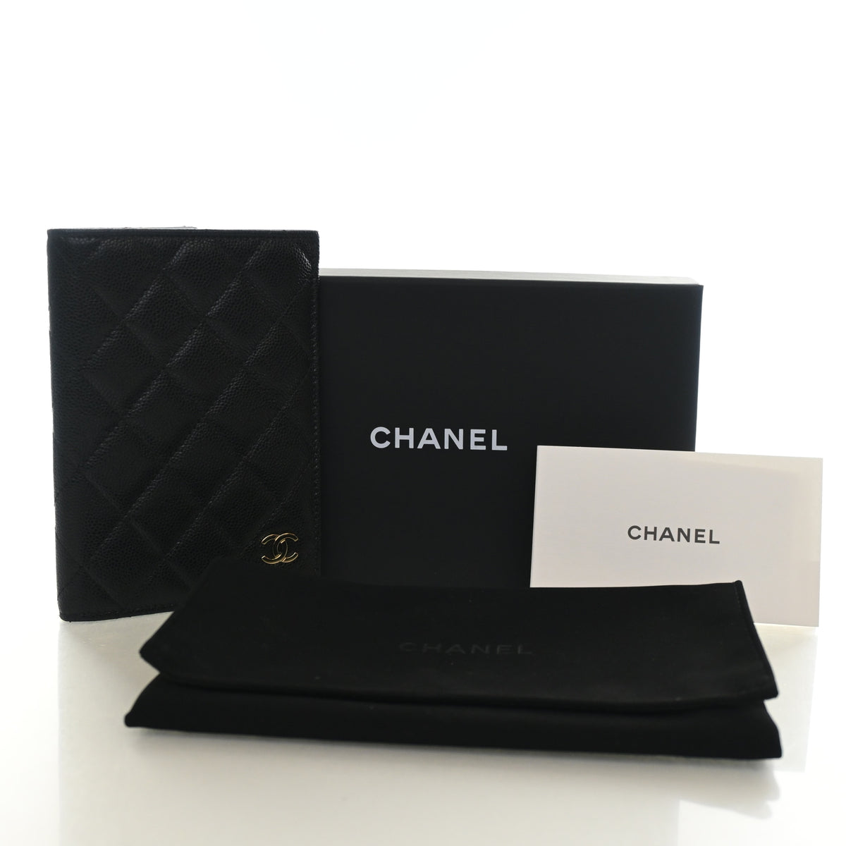 Pre-Owned Chanel Caviar Leather Classic Passport Holder, shown with dust bag and packaging