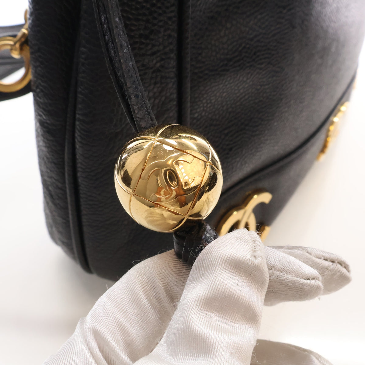 Vintage Chanel Shoulder Bag Medium Caviar Leather Triple CC, gold hardware close-up