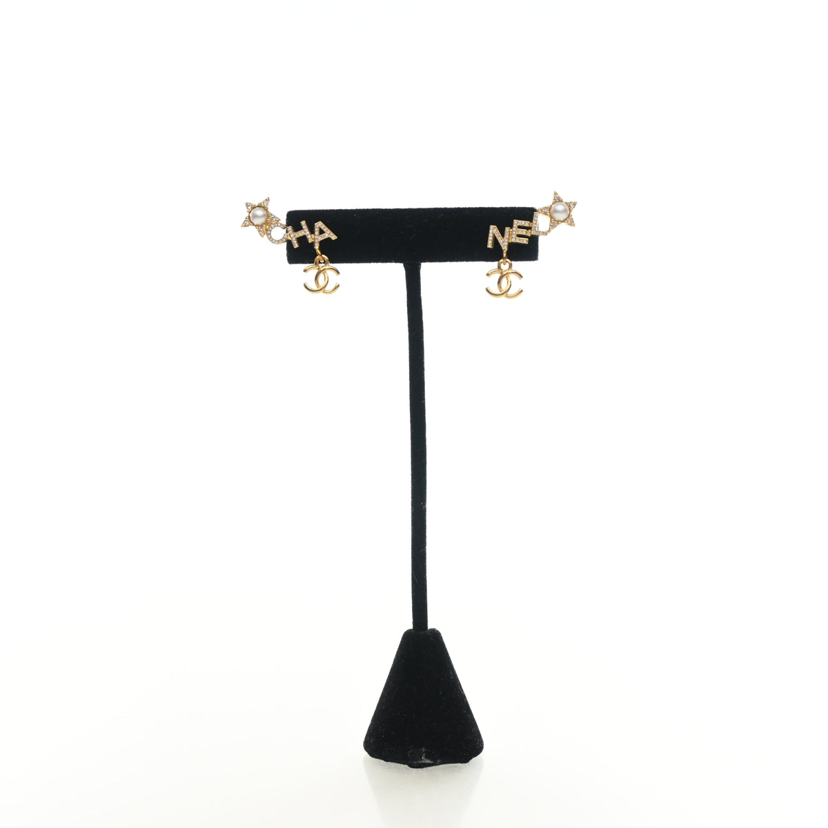 Pre-Owned Chanel Crystal CC Star Earrings, detail view, authenticated at Luxe Du Jour
