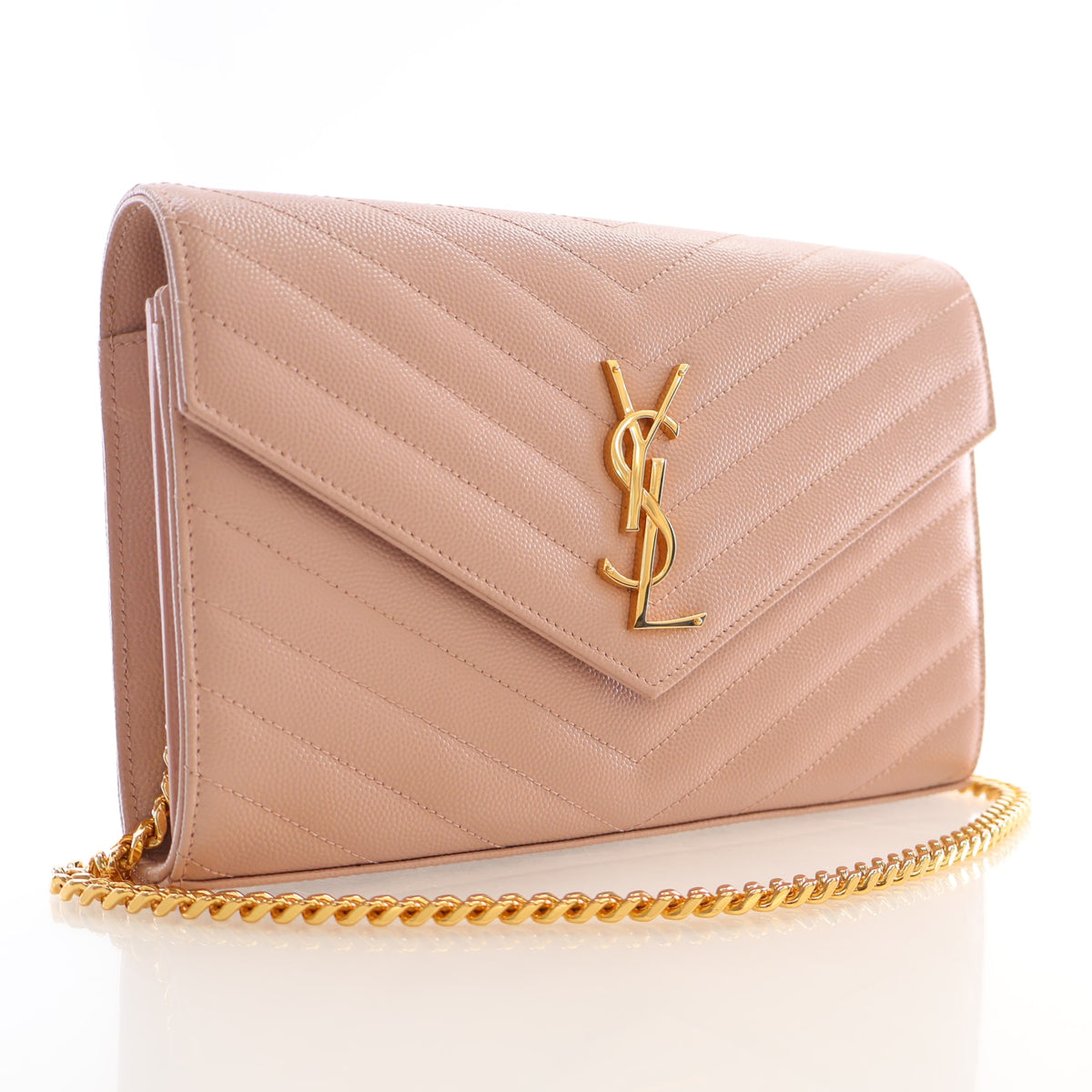 Pre-Owned Saint Laurent Chain Wallet Calfskin Cassandre Envelope, three-quarter view, authenticated at Luxe Du Jour