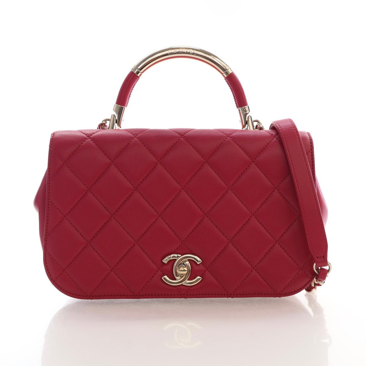 Pre-Owned Chanel Flap Bag Small Lambskin Carry Chic, front view, authenticated at Luxe Du Jour
