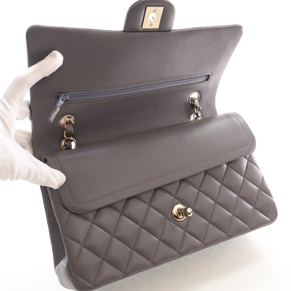 Pre-Owned Chanel Classic Double Flap Medium Lambskin Bag, open interior with lining, photo 14 of 17