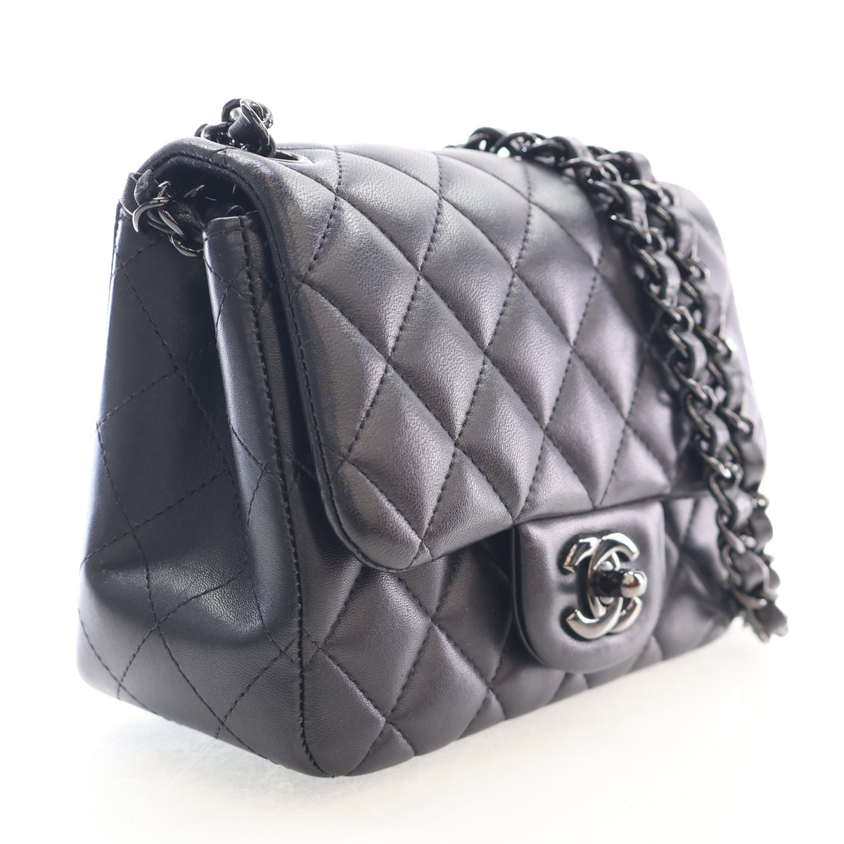 Pre-Owned Chanel Flap Bag Mini Lambskin So Black Square, three-quarter view, authenticated at Luxe Du Jour