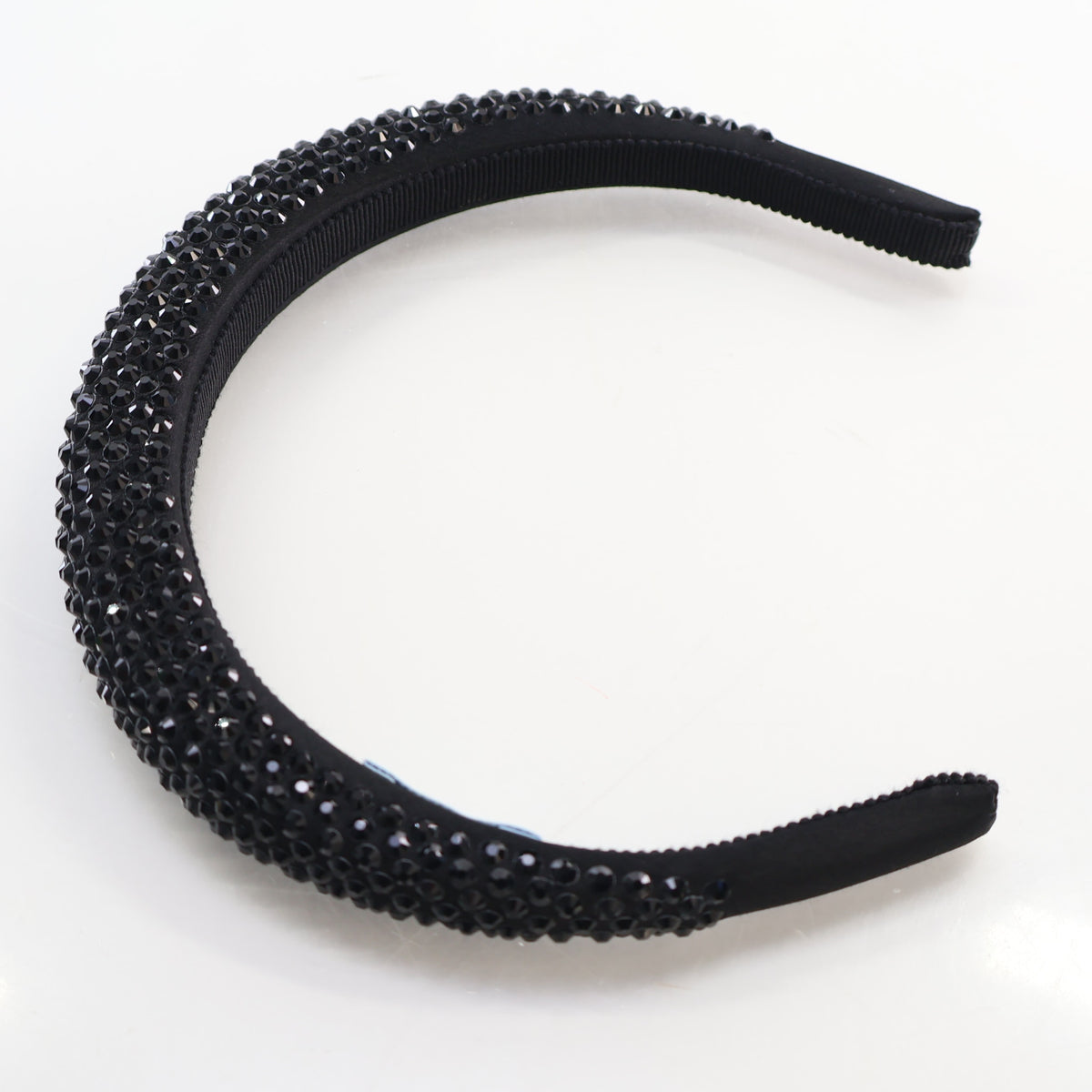 Pre-Owned Prada Crystal Embellished Satin Headband, detail view, authenticated at Luxe Du Jour