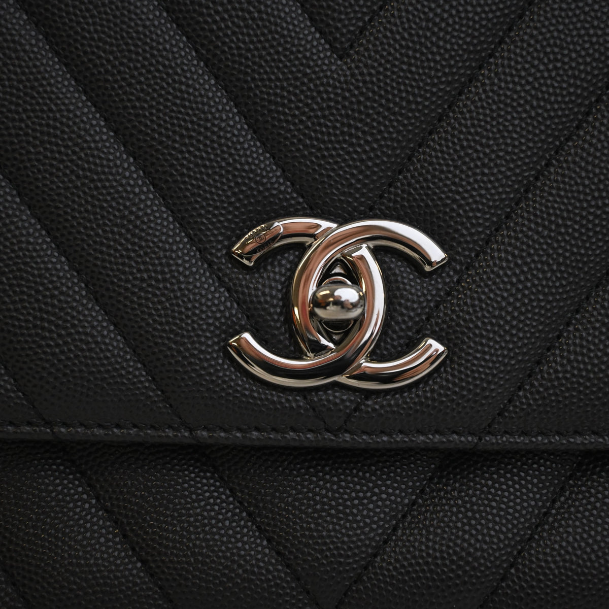 Pre-Owned Chanel Coco Handle Medium Caviar Leather Bag, silver embossed logo detail