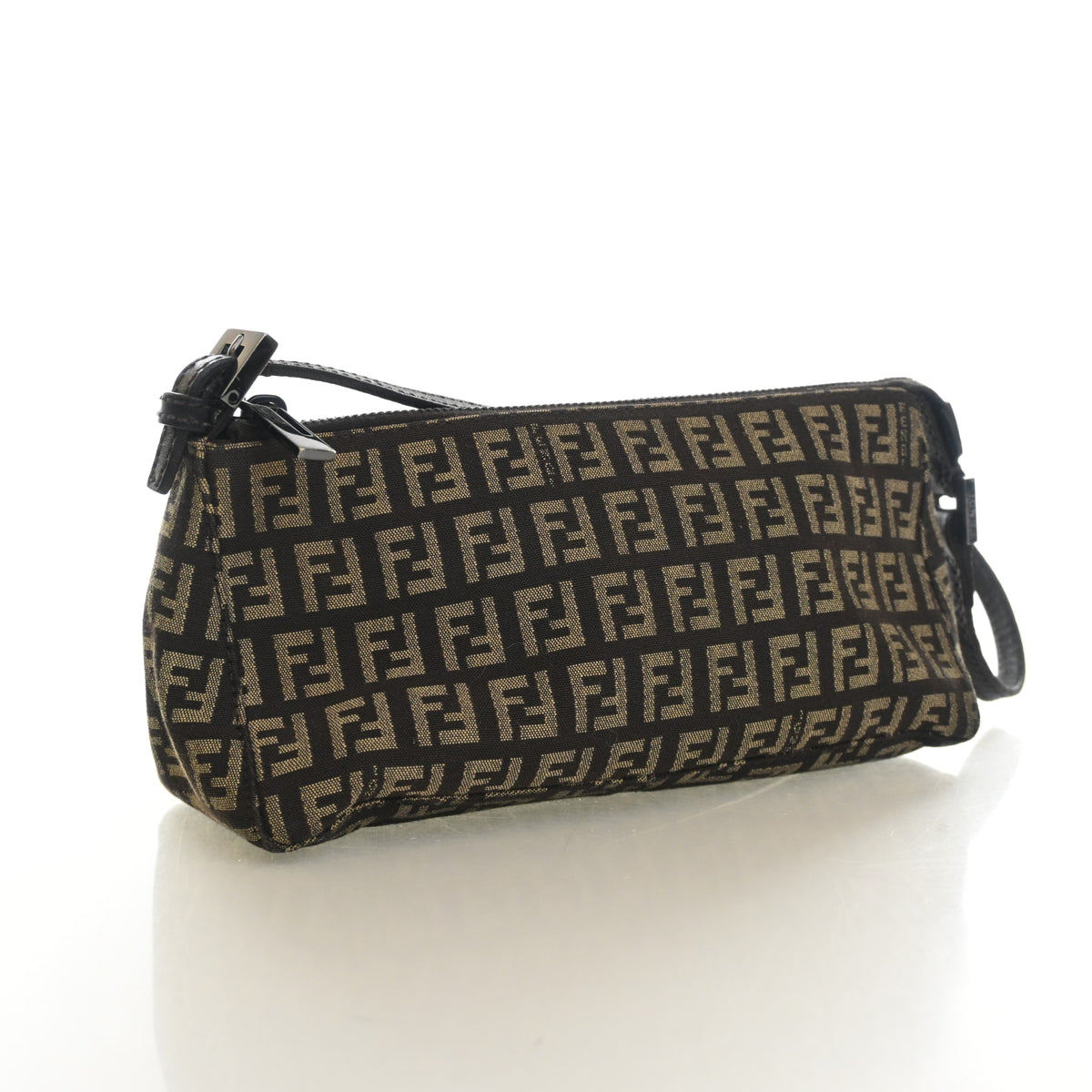 Pre-Owned Fendi Pochette Monogram Zucchino, side profile, authenticated at Luxe Du Jour