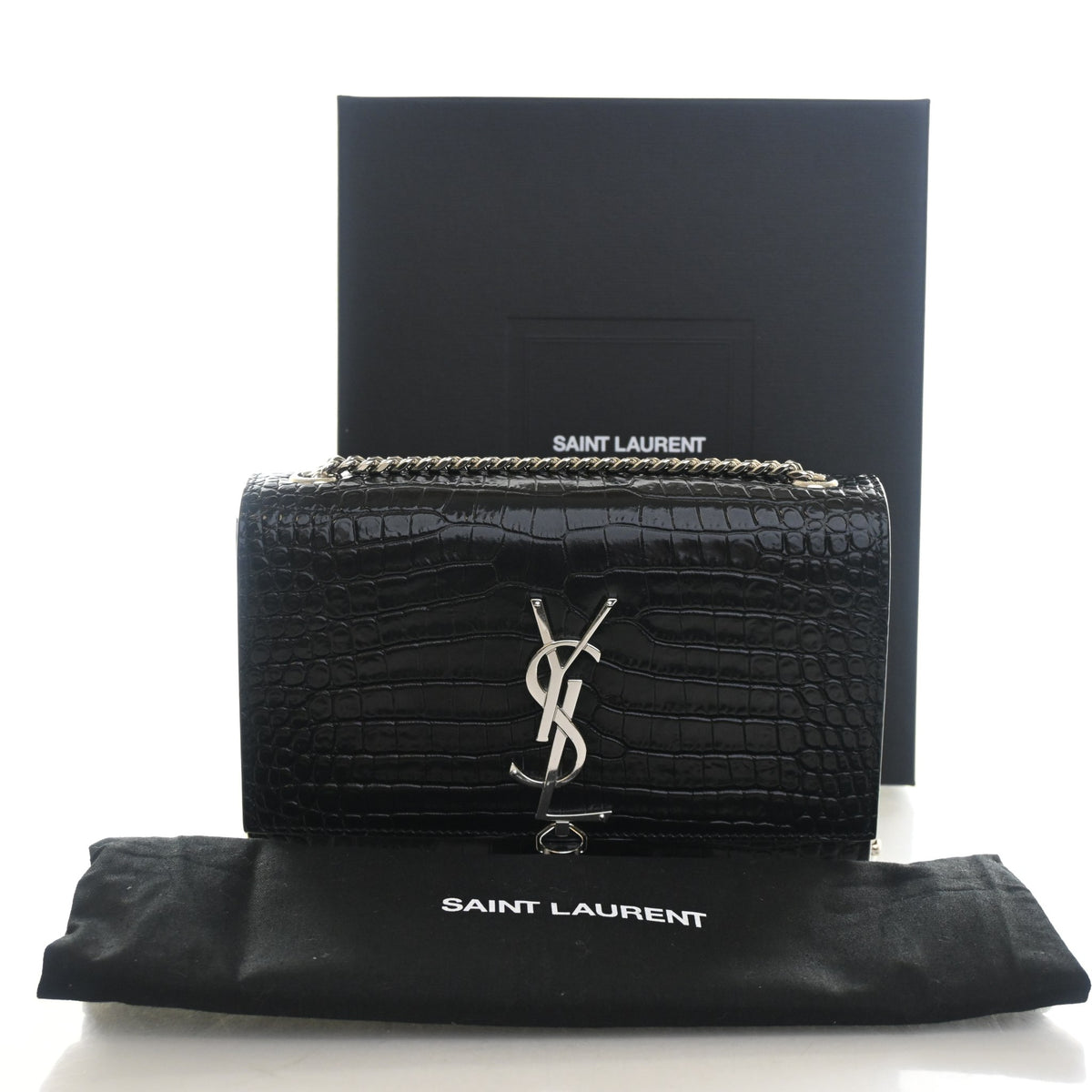 Pre-Owned Saint Laurent Small Crocodile Leather Embossed Leather Kate Tassle Bag, shown with dust bag and packaging