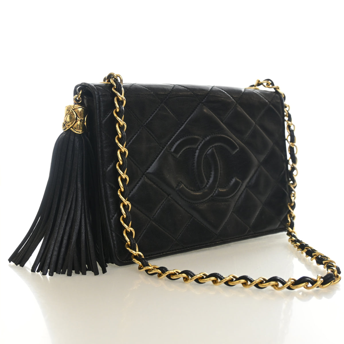 Vintage Chanel Flap Bag Lambskin CC Tassel, three-quarter view, authenticated at Luxe Du Jour